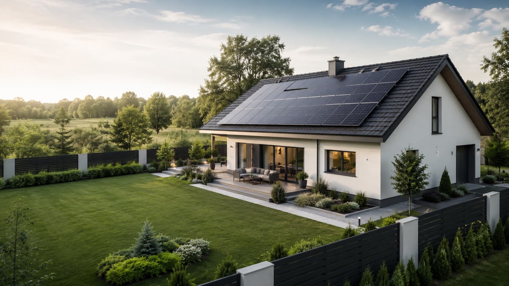 A modern home with rooftop solar panels and Nokar battery storage, at golden hour